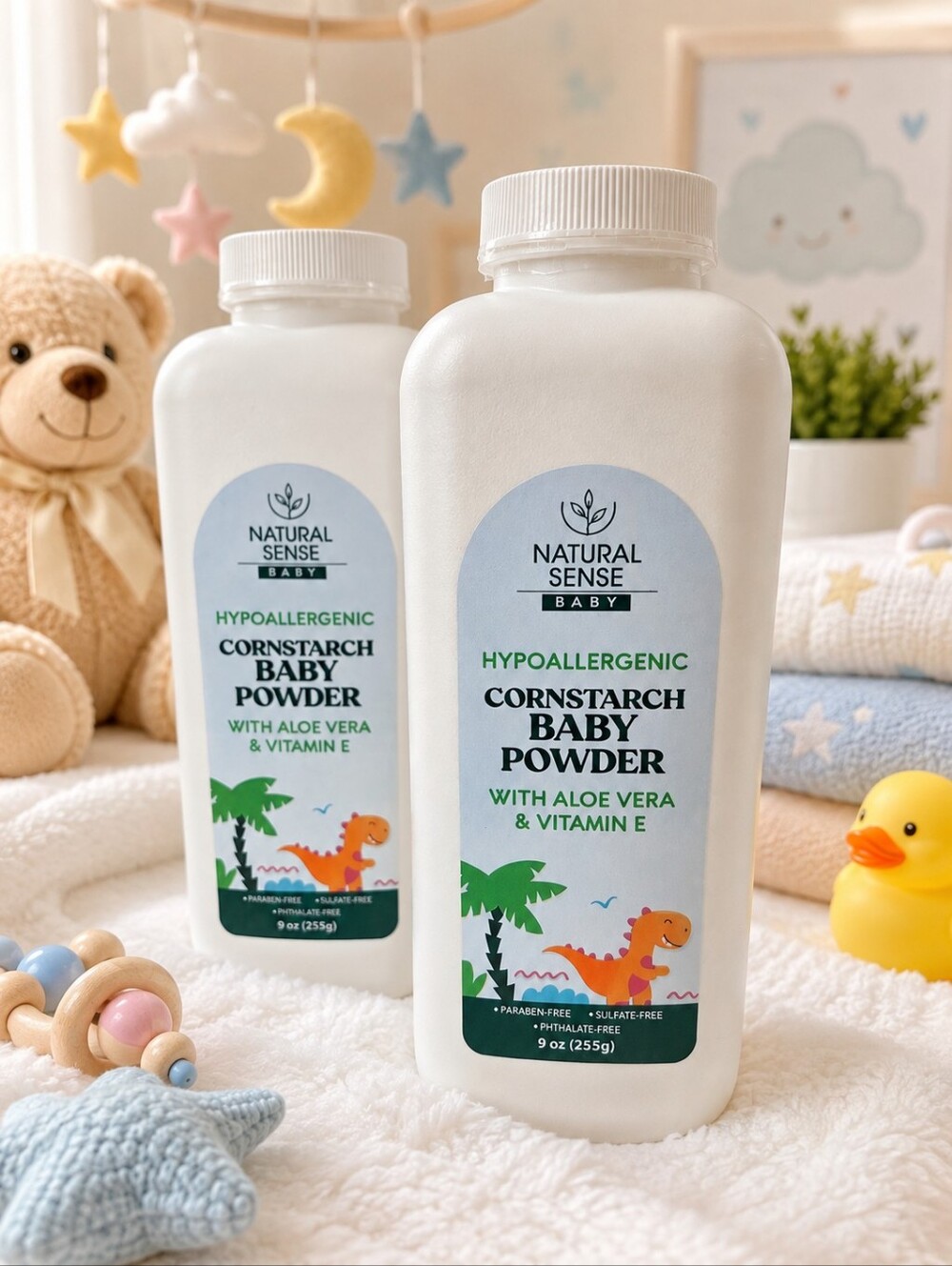 🦖HYPOALLERGENIC NATURAL SENSE CORNSTARCH BABY POWEDER W/ ALOE VERA & VITAMIN E